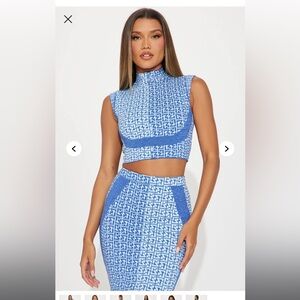 NWT! Full set! Fashion Nova Blue and White Midi Pencil Skirt Set - small